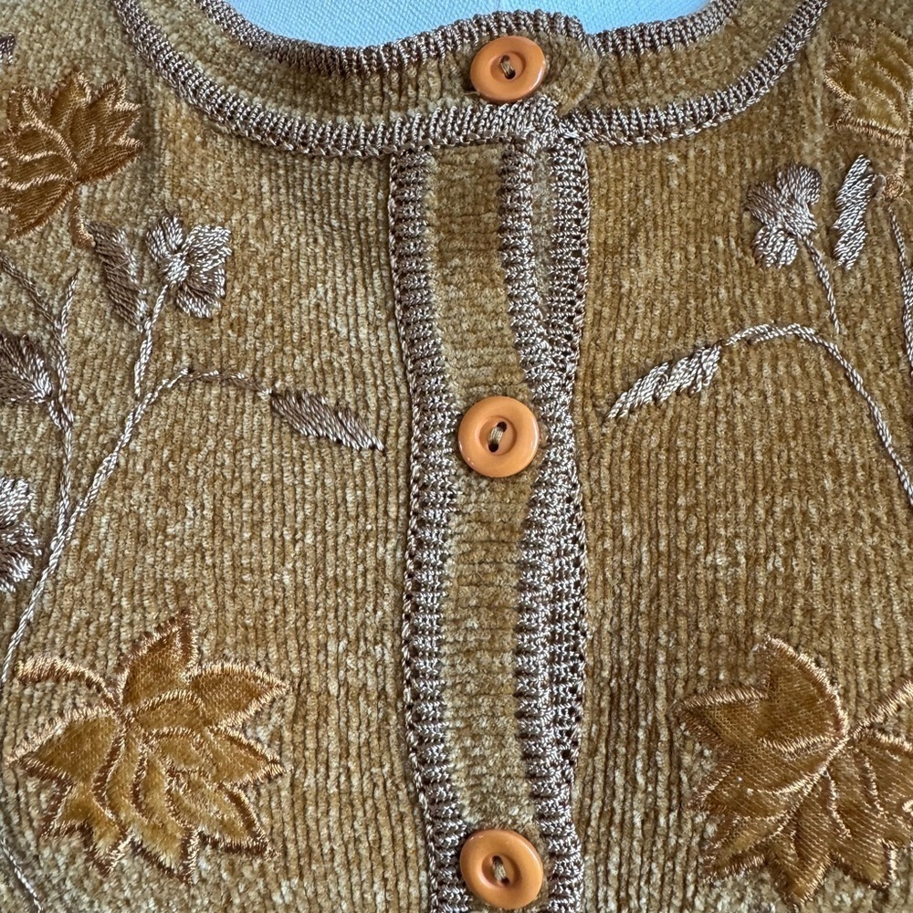 Magic Fall Leaves Embroidered Button-Up Vintage Women's Sweater - Mustard - Picture 3 of 8
